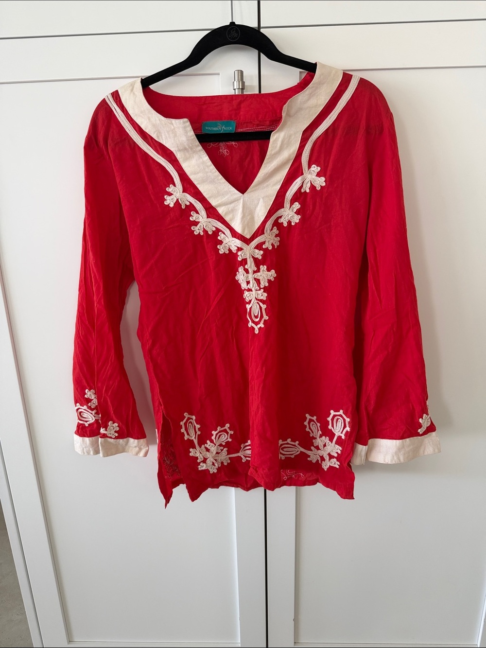 Red Embroidered V-Neck Tunic Top with Contrast Trim